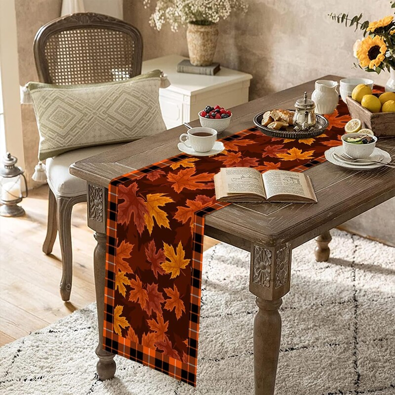 Őszi juharlevelek kockás kockás bivaly asztali futókendő, sál őszi betakarítás Konyhai asztali futó Hálaadási díszek