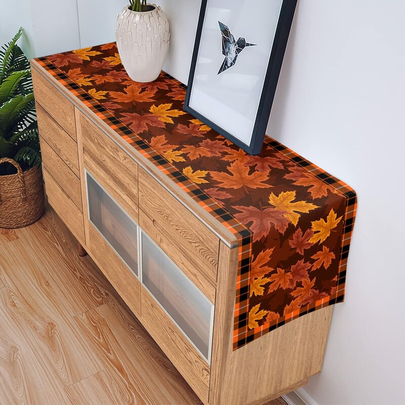 Őszi juharlevelek kockás kockás bivaly asztali futókendő, sál őszi betakarítás Konyhai asztali futó Hálaadási díszek