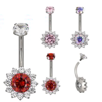 ASTM F136 Titanium PIERC Flower Κοσμήματα Δαχτυλίδι αφαλού Δαχτυλίδι αφαλού CZ Πλακόστρωτο επάνω μέρος με σπείρωμα κοιλιά Piercing Κοσμήματα για το σώμα