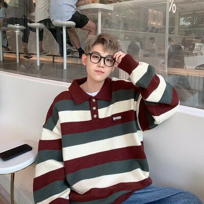 Ανδρικό πουλόβερ με γιακά Polo Φθινόπωρο Winter Harbor Wind Loose Fashion Trend Casual ριγέ Παλτό πουλόβερ με αντίθεση χρώματος με πουλόβερ