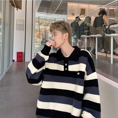 Ανδρικό πουλόβερ με γιακά Polo Φθινόπωρο Winter Harbor Wind Loose Fashion Trend Casual ριγέ Παλτό πουλόβερ με αντίθεση χρώματος με πουλόβερ