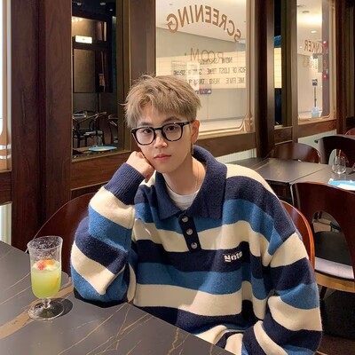 Ανδρικό πουλόβερ με γιακά Polo Φθινόπωρο Winter Harbor Wind Loose Fashion Trend Casual ριγέ Παλτό πουλόβερ με αντίθεση χρώματος με πουλόβερ