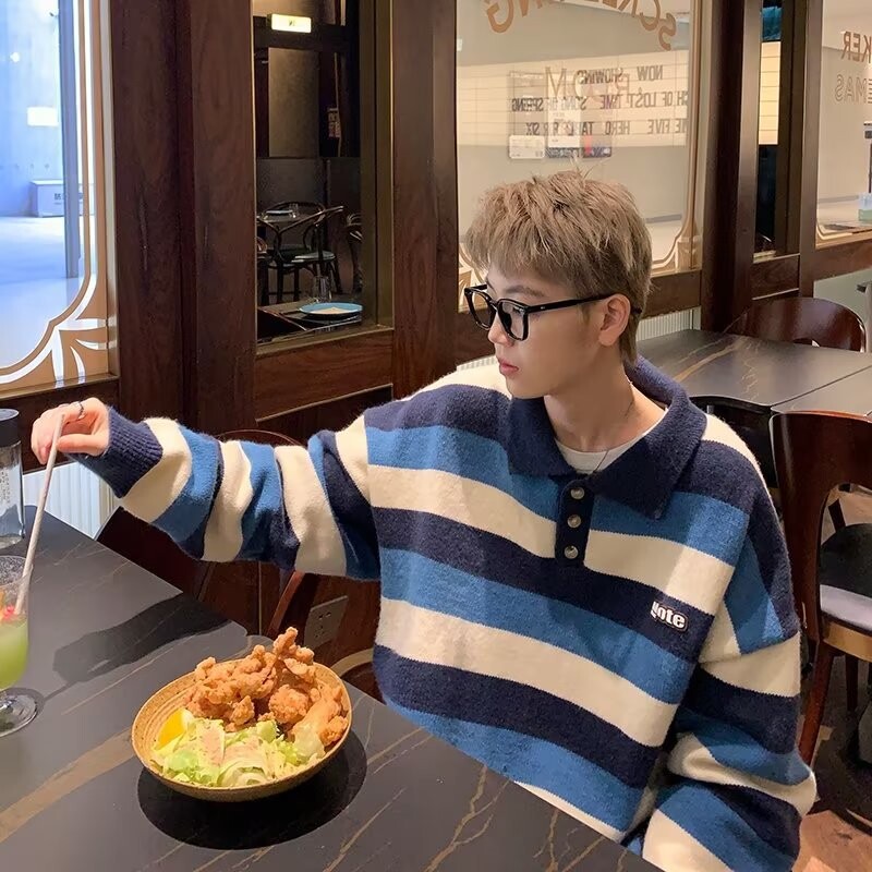 Ανδρικό πουλόβερ με γιακά Polo Φθινόπωρο Winter Harbor Wind Loose Fashion Trend Casual ριγέ Παλτό πουλόβερ με αντίθεση χρώματος με πουλόβερ