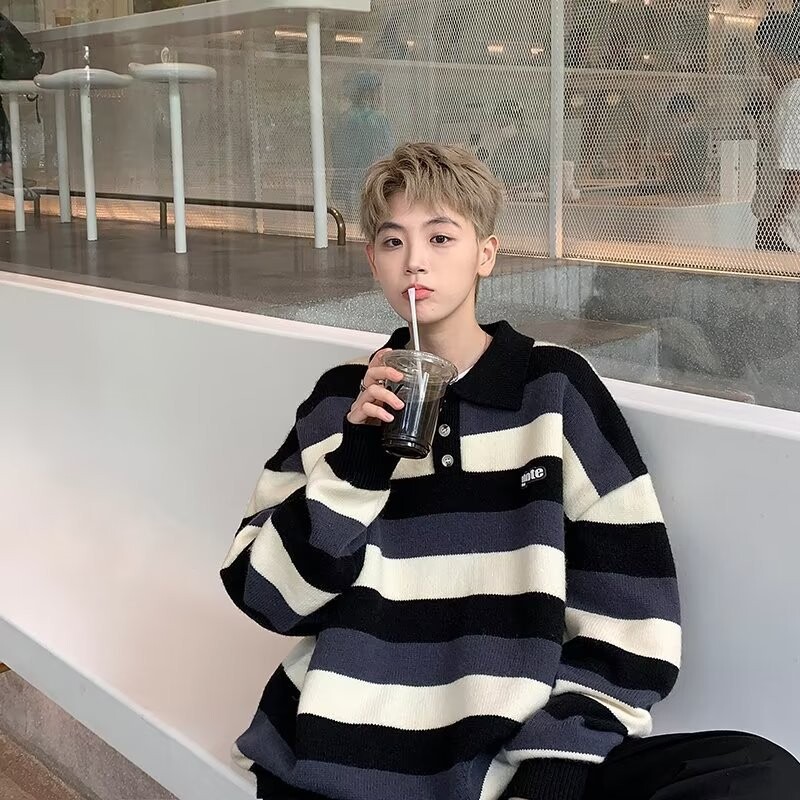 Ανδρικό πουλόβερ με γιακά Polo Φθινόπωρο Winter Harbor Wind Loose Fashion Trend Casual ριγέ Παλτό πουλόβερ με αντίθεση χρώματος με πουλόβερ