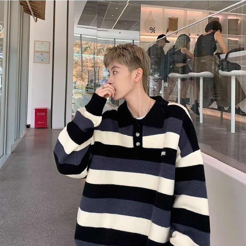 Ανδρικό πουλόβερ με γιακά Polo Φθινόπωρο Winter Harbor Wind Loose Fashion Trend Casual ριγέ Παλτό πουλόβερ με αντίθεση χρώματος με πουλόβερ
