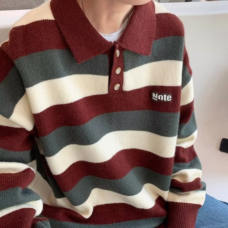 Ανδρικό πουλόβερ με γιακά Polo Φθινόπωρο Winter Harbor Wind Loose Fashion Trend Casual ριγέ Παλτό πουλόβερ με αντίθεση χρώματος με πουλόβερ