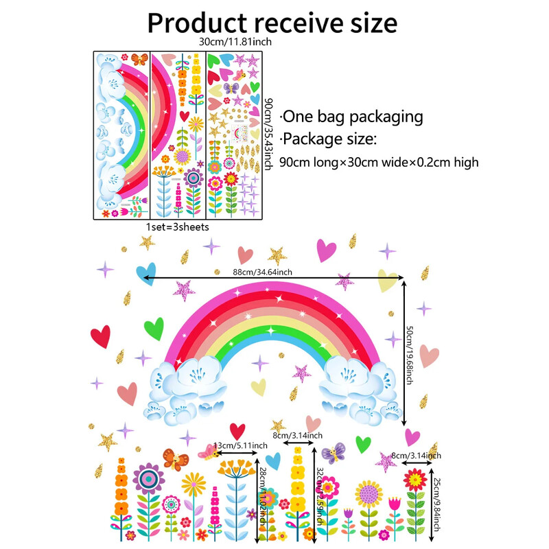 Αυτοκόλλητο τοίχου ουράνιο τόξο Παιδικό δωμάτιο Αστέρι λουλούδια Αυτοκόλλητα τοίχου Καρτούν Παιδικό δωμάτιο Φόντο διακόσμηση σπιτιού Ταπετσαρία κρεβατοκάμαρας μωρού