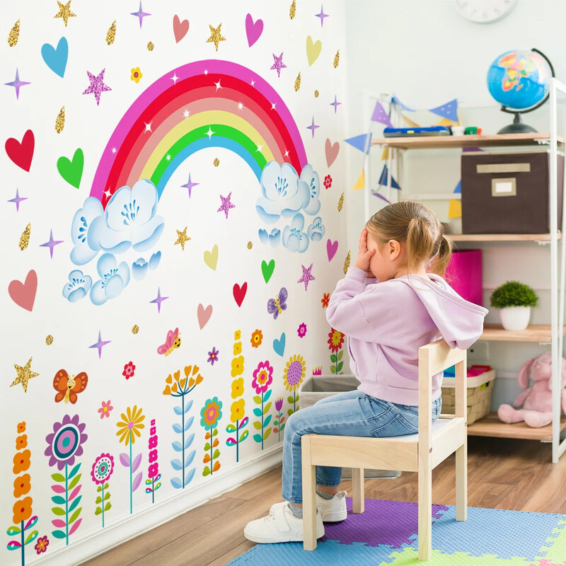 Αυτοκόλλητο τοίχου ουράνιο τόξο Παιδικό δωμάτιο Αστέρι λουλούδια Αυτοκόλλητα τοίχου Καρτούν Παιδικό δωμάτιο Φόντο διακόσμηση σπιτιού Ταπετσαρία κρεβατοκάμαρας μωρού