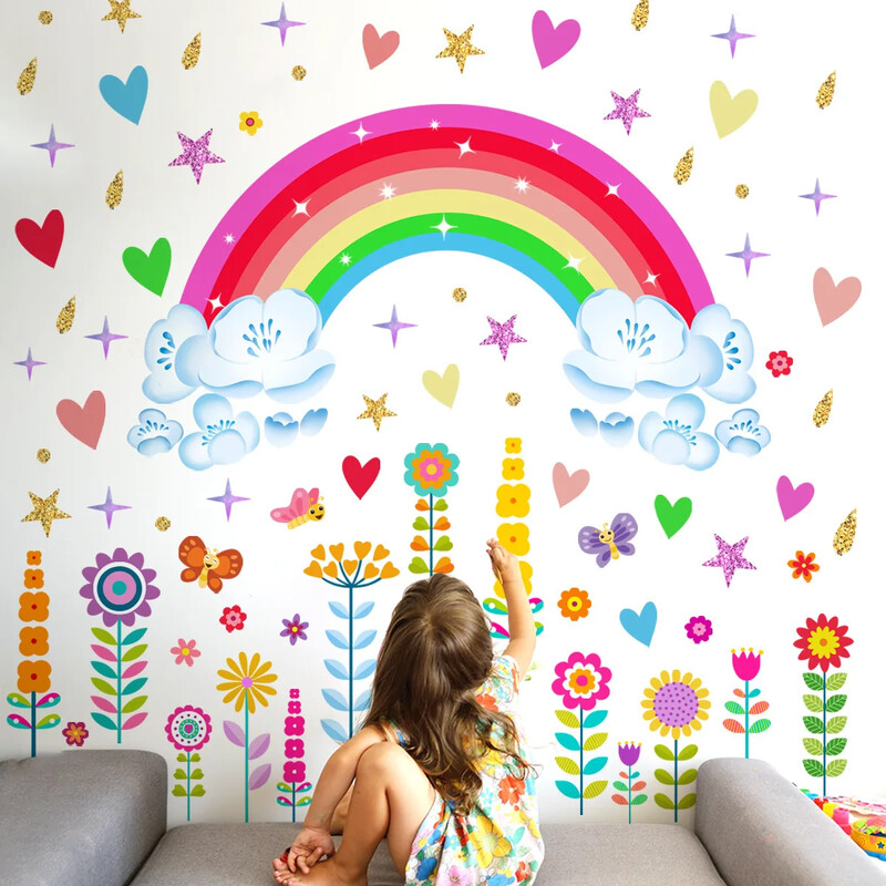Αυτοκόλλητο τοίχου ουράνιο τόξο Παιδικό δωμάτιο Αστέρι λουλούδια Αυτοκόλλητα τοίχου Καρτούν Παιδικό δωμάτιο Φόντο διακόσμηση σπιτιού Ταπετσαρία κρεβατοκάμαρας μωρού