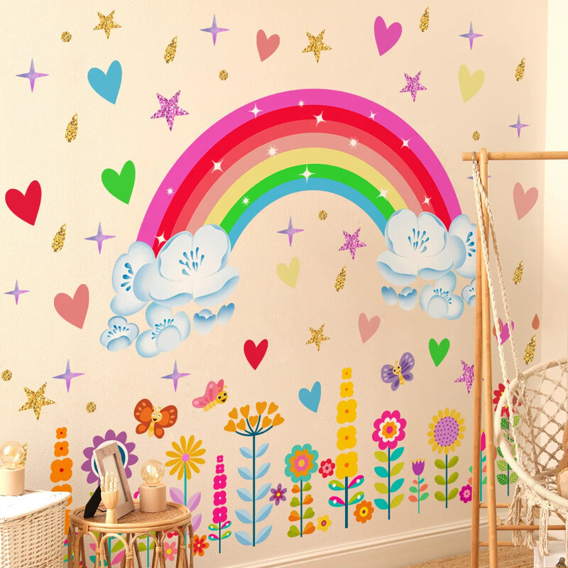 Αυτοκόλλητο τοίχου ουράνιο τόξο Παιδικό δωμάτιο Αστέρι λουλούδια Αυτοκόλλητα τοίχου Καρτούν Παιδικό δωμάτιο Φόντο διακόσμηση σπιτιού Ταπετσαρία κρεβατοκάμαρας μωρού