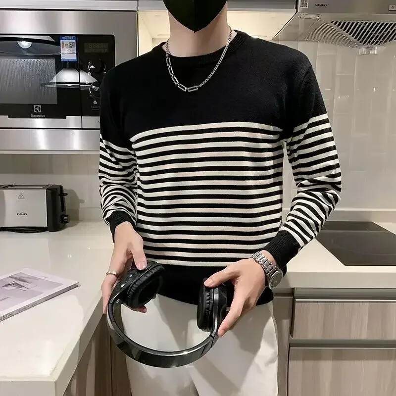 Ανδρικά ρούχα πλεκτό πουλόβερ με ρίγες ανδρικά πουλόβερ με στρογγυλό γιακά με λαιμόκοψη Λεία μπλούζες Προϊόντα με τις καλύτερες πωλήσεις 2024 Κορεάτικο Φθινόπωρο X