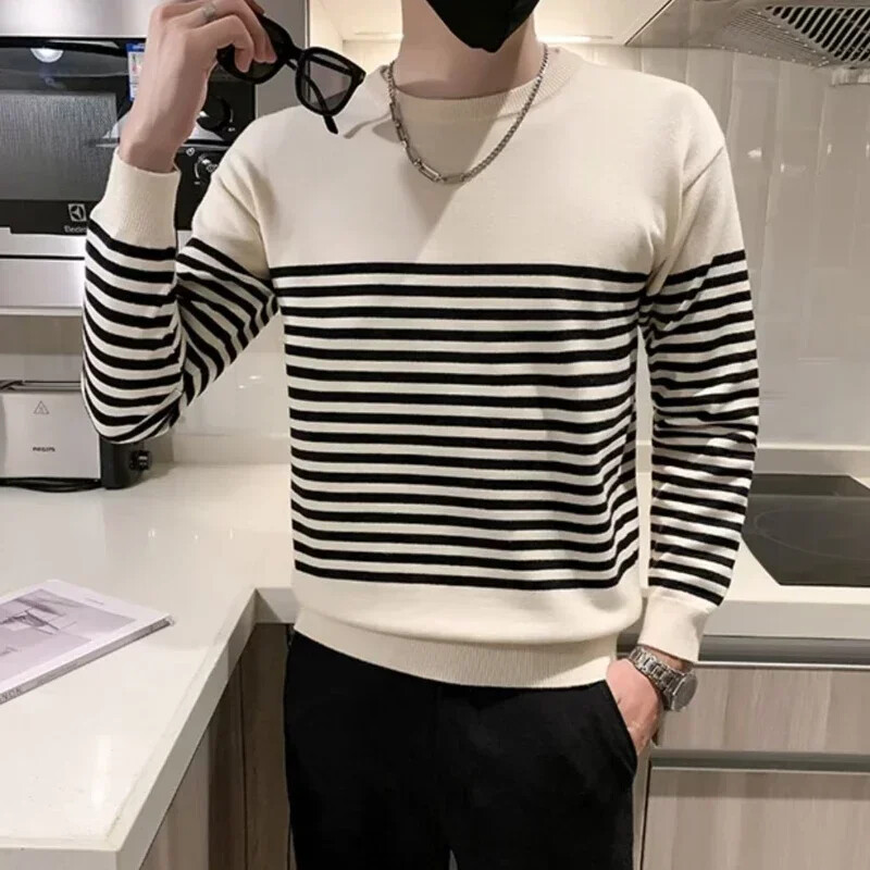 Ανδρικά ρούχα πλεκτό πουλόβερ με ρίγες ανδρικά πουλόβερ με στρογγυλό γιακά με λαιμόκοψη Λεία μπλούζες Προϊόντα με τις καλύτερες πωλήσεις 2024 Κορεάτικο Φθινόπωρο X