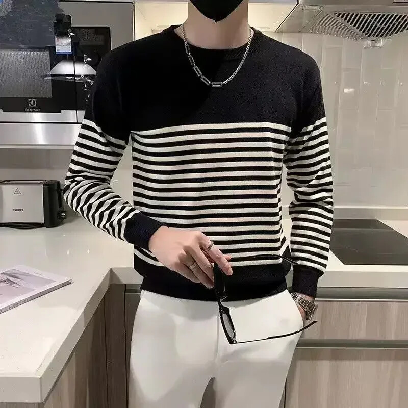 Ανδρικά ρούχα πλεκτό πουλόβερ με ρίγες ανδρικά πουλόβερ με στρογγυλό γιακά με λαιμόκοψη Λεία μπλούζες Προϊόντα με τις καλύτερες πωλήσεις 2024 Κορεάτικο Φθινόπωρο X