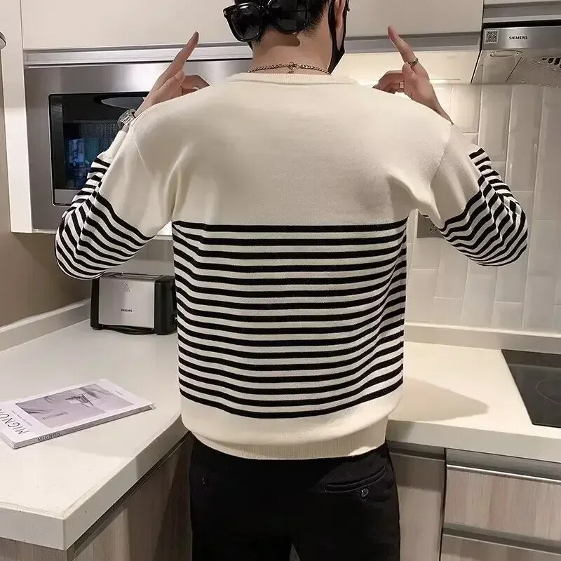 Ανδρικά ρούχα πλεκτό πουλόβερ με ρίγες ανδρικά πουλόβερ με στρογγυλό γιακά με λαιμόκοψη Λεία μπλούζες Προϊόντα με τις καλύτερες πωλήσεις 2024 Κορεάτικο Φθινόπωρο X