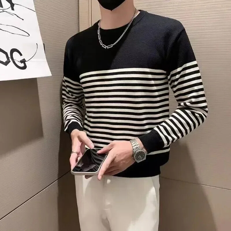 Ανδρικά ρούχα πλεκτό πουλόβερ με ρίγες ανδρικά πουλόβερ με στρογγυλό γιακά με λαιμόκοψη Λεία μπλούζες Προϊόντα με τις καλύτερες πωλήσεις 2024 Κορεάτικο Φθινόπωρο X