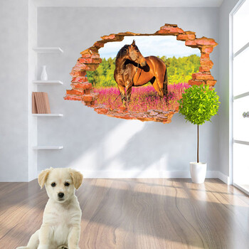 3D Pretty Horse Broken Wall Creative Stickers Passland Scenery Vinyl Mural Домашни декорации Животински пейзаж Плакат Тапет