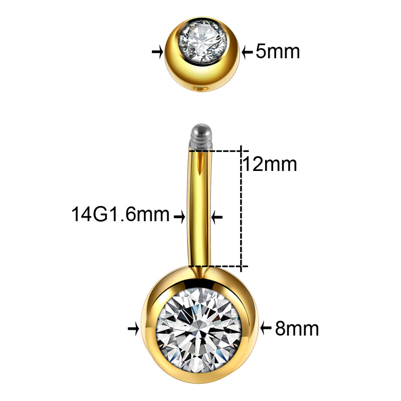 1 buc. Piercing din titan pentru buric, un singur cristal, cu strasuri, inele pentru buric Piercing pentru buric Ombligo 5/8 mm, bilă, cercel pentru buric 14G