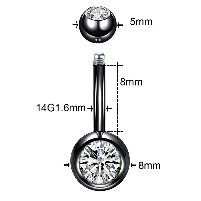 1 buc. Piercing din titan pentru buric, un singur cristal, cu strasuri, inele pentru buric Piercing pentru buric Ombligo 5/8 mm, bilă, cercel pentru buric 14G