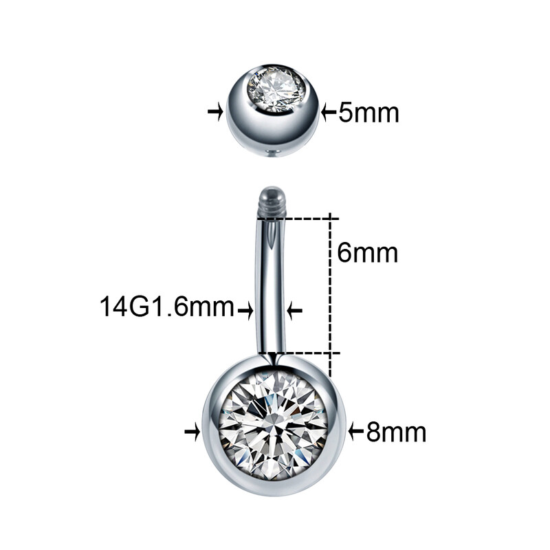 1 buc. Piercing din titan pentru buric, un singur cristal, cu strasuri, inele pentru buric Piercing pentru buric Ombligo 5/8 mm, bilă, cercel pentru buric 14G