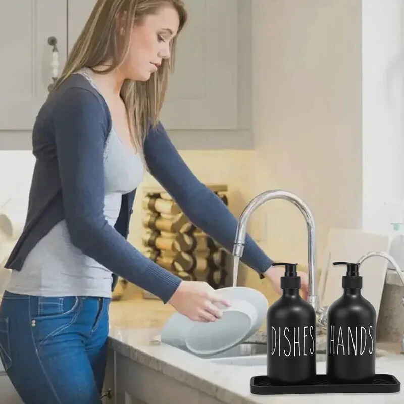 500 ml-es újratölthető kézi szappanadagoló tálcával bambusz/műanyag pumpás lotion folyadék palackok tartály fürdőszobai konyhai mosogató