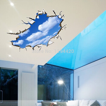 3D счупена стена Art Roof View Стенопис Blue Sky White Cloud Scenery Vinyl Poster Stickers Home Decoration for Room Tavan Wallpaper