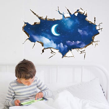 3D счупена стена Art Roof View Стенопис Blue Sky White Cloud Scenery Vinyl Poster Stickers Home Decoration for Room Tavan Wallpaper