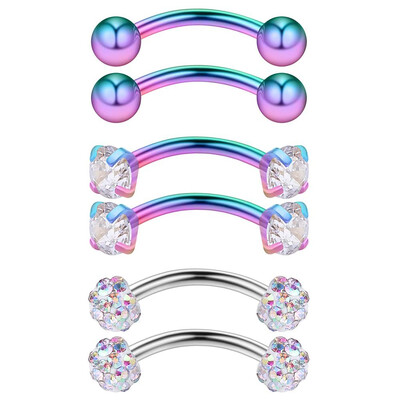 WKOUD 1-6PCS 16G 3/8" (10MM) nerūdijančio plieno CZ/brangakmeniai/rutuliniai lenkti štangos antakiai Tragus lūpų pilvo žiedas auskarų vėrimas papuošalai spalvingi