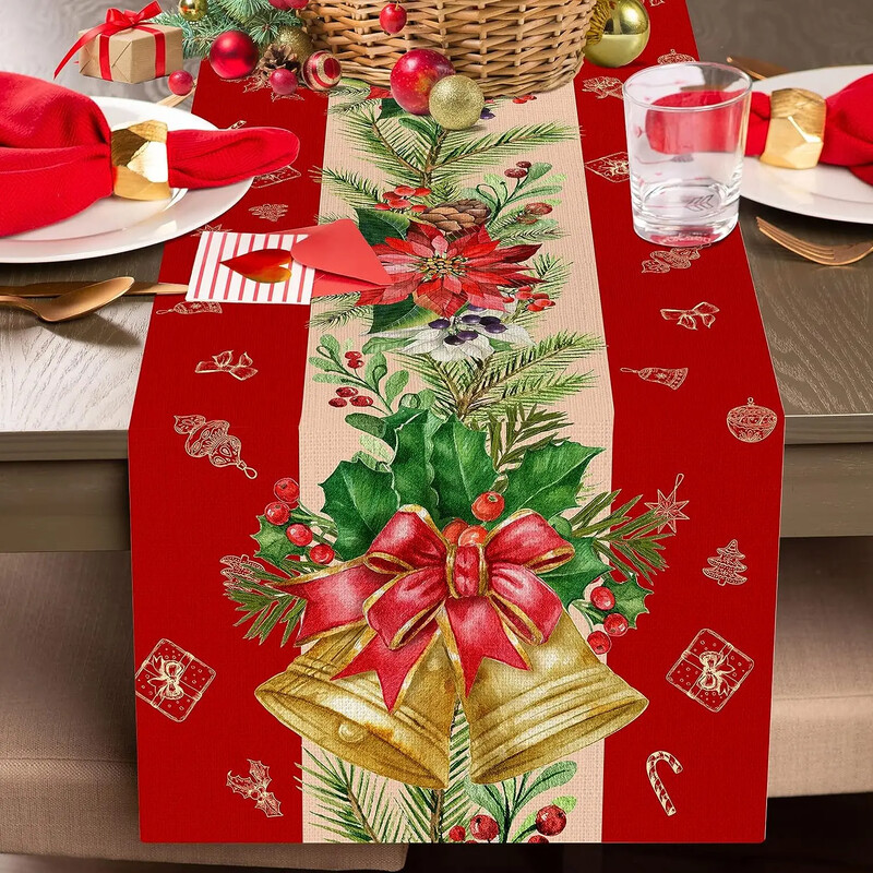 Flori de Crăciun de iarnă Turnuri de masă din lenjerie cu clopoțel de aur Decor pentru petreceri de vacanță Afecțiuni de masă de la fermă Decorațiuni de Crăciun