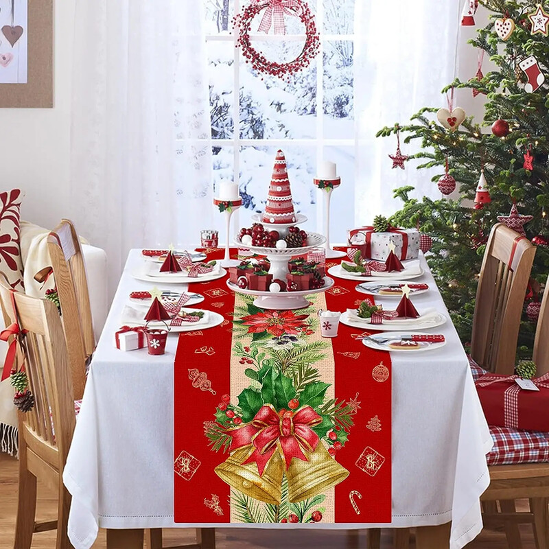 Flori de Crăciun de iarnă Turnuri de masă din lenjerie cu clopoțel de aur Decor pentru petreceri de vacanță Afecțiuni de masă de la fermă Decorațiuni de Crăciun