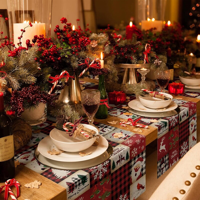 Gnomi de Crăciun Om de zăpadă Aleer de masă din lenjerie roșie în carouri Comodă Esarfe Iarna Crăciun Bucătărie Aleer de masă Decoratiuni de Craciun