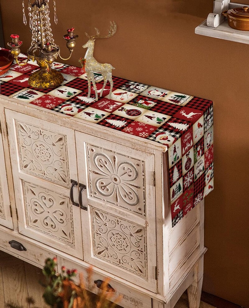 Gnomi de Crăciun Om de zăpadă Aleer de masă din lenjerie roșie în carouri Comodă Esarfe Iarna Crăciun Bucătărie Aleer de masă Decoratiuni de Craciun