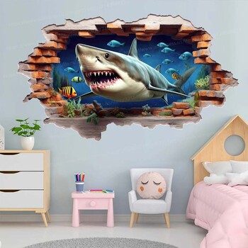 Shark Art Стикери за стена Спалня Момче Стая Фонова декорация Стенопис Животни Домашен декор Подвижен винилов стикер S360