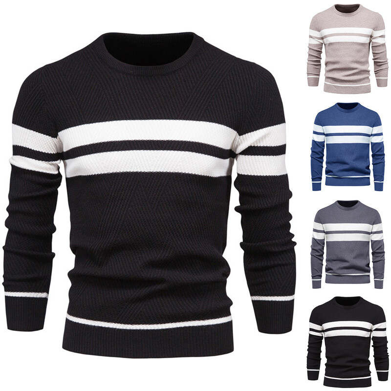 Πλεκτό πουλόβερ ανδρικό πουλόβερ Basic θερμικό πλεκτό πουλόβερ Μακρυμάνικο πουκάμισο με στρογγυλή λαιμόκοψη ριγέ Κομψό Keep Warm Πλεκτά χειμώνα