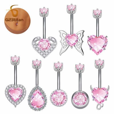 G23Titan Pink Zircon Heart Inel pentru buric pentru femei fete Medical titan curbat Barbell Piercing pentru buric 14G Bijuterii pentru corp ﻿