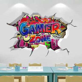 Cool 3D Gamer Broken Wall Art Vinyl Anime Poster Stickers for Kids Room Boy Bedroom Game Zone Home Decoration Cartoon Play Mural