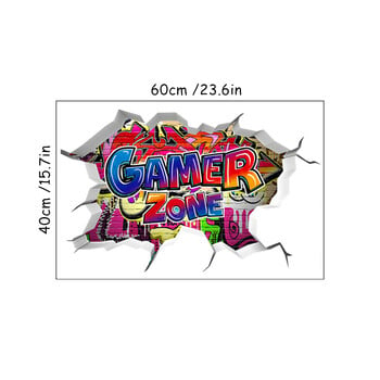 Cool 3D Gamer Broken Wall Art Vinyl Anime Poster Stickers for Kids Room Boy Bedroom Game Zone Home Decoration Cartoon Play Mural