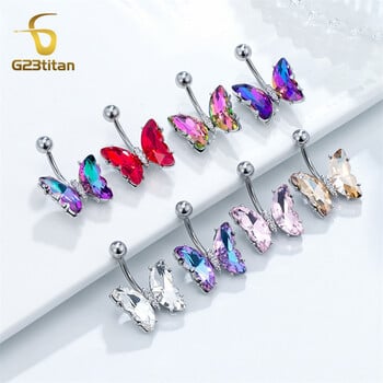 Bright Butterfly Belly Button Rings Χρώματα Ζιργκόν Φτερό 14G G23 Titanium Steel Curved barbell Navel Piercing Γυναικεία κοσμήματα σώματος