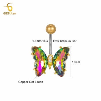 Bright Butterfly Belly Button Rings Χρώματα Ζιργκόν Φτερό 14G G23 Titanium Steel Curved barbell Navel Piercing Γυναικεία κοσμήματα σώματος