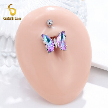 Bright Butterfly Belly Button Rings Χρώματα Ζιργκόν Φτερό 14G G23 Titanium Steel Curved barbell Navel Piercing Γυναικεία κοσμήματα σώματος