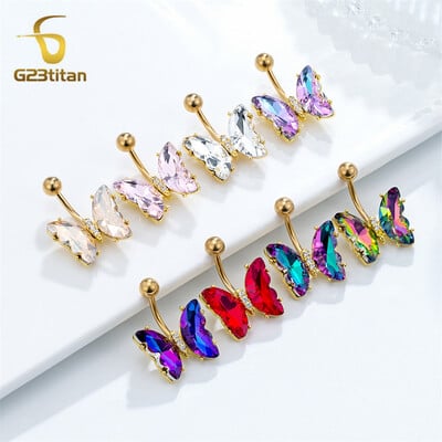 Bright Butterfly Belly Button Rings Χρώματα Ζιργκόν Φτερό 14G G23 Titanium Steel Curved barbell Navel Piercing Γυναικεία κοσμήματα σώματος