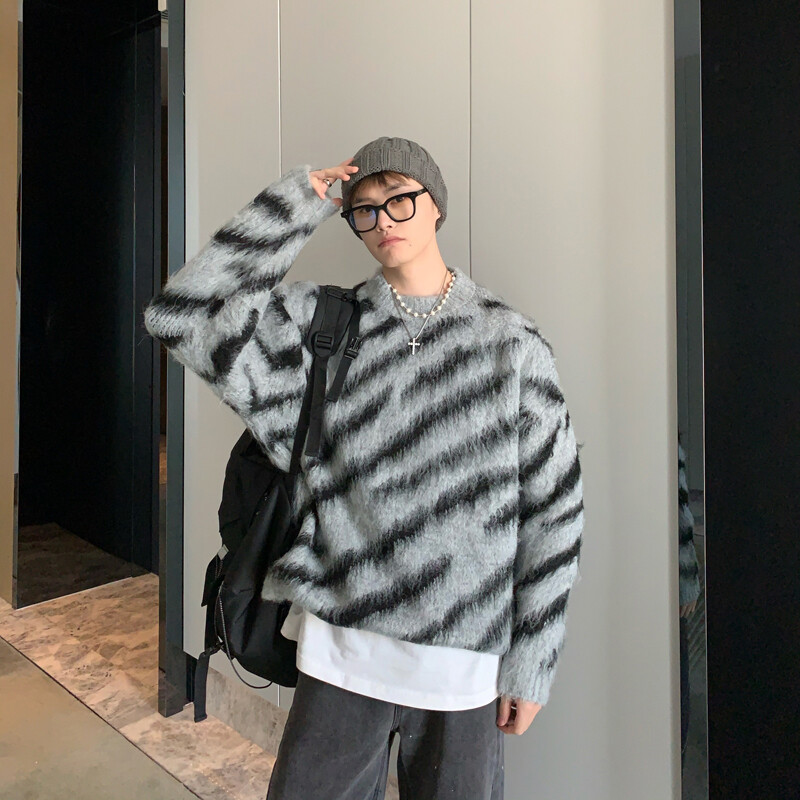 Πλεκτό πουλόβερ από μάλλινο Zebra Stripe Winter 2023 Ανδρικά ρούχα πουλόβερ πουλόβερ Vintage μοχέρ Φαρδιά υπερμεγέθη γυναικεία πλεκτά πουλόβερ