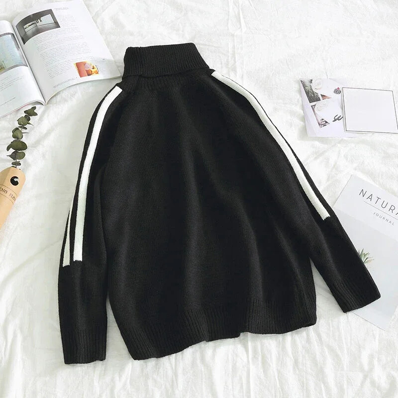 Ψηλό γιακά Μαύρα Λευκά Ριγέ Ανδρικά Ρούχα Πλεκτά Πουλόβερ για Ανδρικά Ζιόν Πουλόβερ Ρούχα Y2k Streetwear S Street Wool