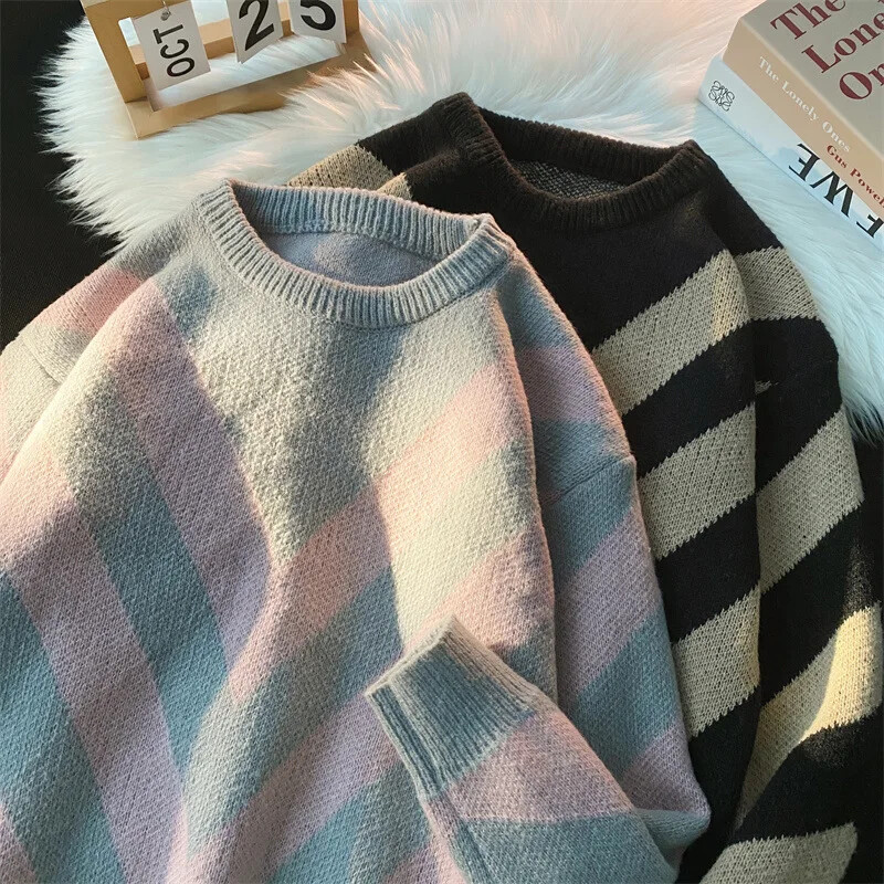 Φθινόπωρο/χειμώνα Vintage ριγέ πουλόβερ Argyll Loose-fit Πλεκτό πουλόβερ Top Casual Scene Ανδρικό γυναικείο τζάκετ