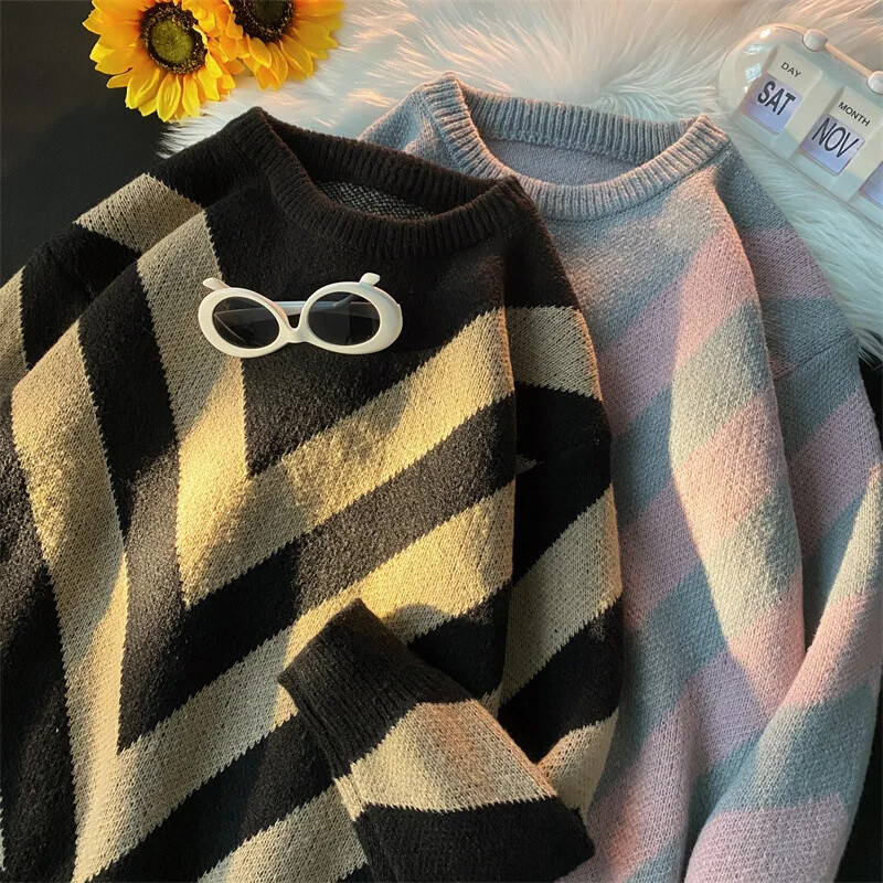 Φθινόπωρο/χειμώνα Vintage ριγέ πουλόβερ Argyll Loose-fit Πλεκτό πουλόβερ Top Casual Scene Ανδρικό γυναικείο τζάκετ