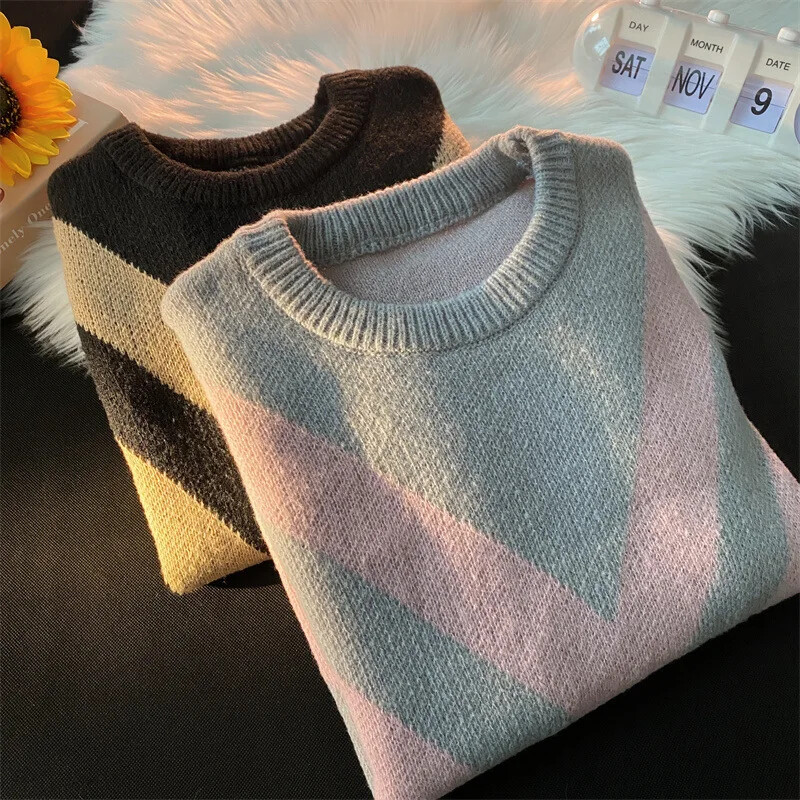 Φθινόπωρο/χειμώνα Vintage ριγέ πουλόβερ Argyll Loose-fit Πλεκτό πουλόβερ Top Casual Scene Ανδρικό γυναικείο τζάκετ