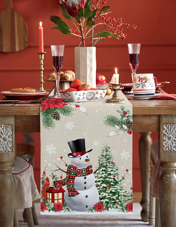 Χριστουγεννιάτικο Snowman Poinsettia Λινά Τραπέζι Runner Dresser Κασκόλ Διακόσμηση τραπεζιού Πλένεται Τραπεζαρία Runners Χριστουγεννιάτικα Διακοσμητικά