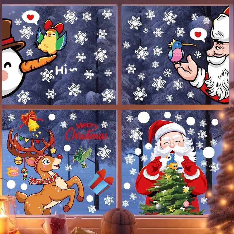Vianočné nálepky na okná so Santa Clausom, vianočný stromček, kolibrík, sklenené nálepky na stenu, sob, snehuliak, biely sneh, dvere, statické nálepky.