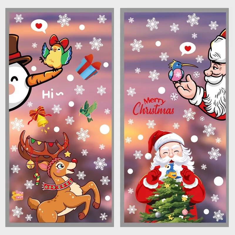 Vianočné nálepky na okná so Santa Clausom, vianočný stromček, kolibrík, sklenené nálepky na stenu, sob, snehuliak, biely sneh, dvere, statické nálepky.