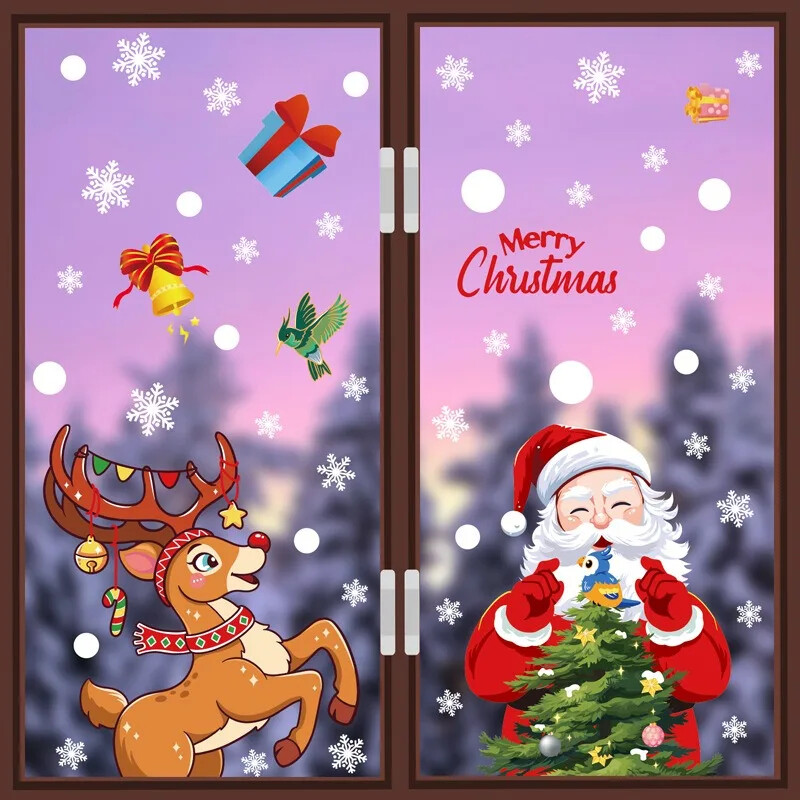 Vianočné nálepky na okná so Santa Clausom, vianočný stromček, kolibrík, sklenené nálepky na stenu, sob, snehuliak, biely sneh, dvere, statické nálepky.