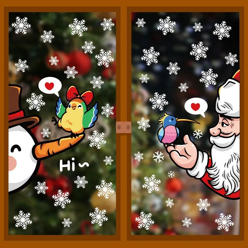 Vianočné nálepky na okná so Santa Clausom, vianočný stromček, kolibrík, sklenené nálepky na stenu, sob, snehuliak, biely sneh, dvere, statické nálepky.